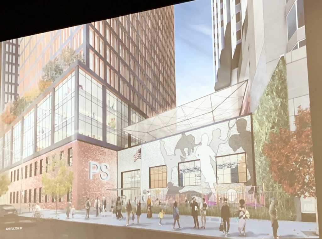 Rabsky Group’s proposed 79-story tower at 625 Fulton St. would include a school and community spaces for cultural events. Shown: The school would have an entrance on Rockwell Place. Rendering courtesy of Skidmore Owings & Merrill