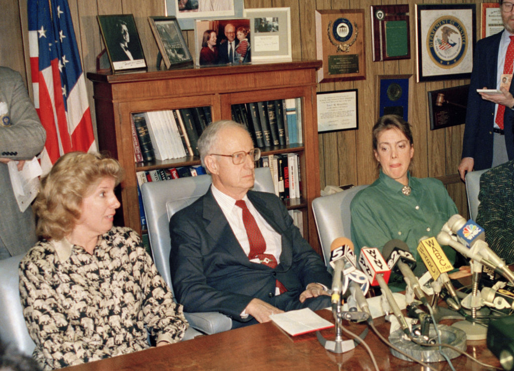Prosecutor Linda Fairstein, left, is shown during a news conference with former Manhattan District Attorney Robert Morgenthau in New York in 1988. (AP Photo/Charles Wenzelberg, File)