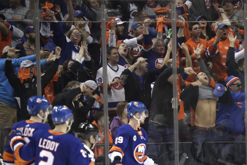 The Barclays Center was in full throat for last season’s second-round playoff series against Carolina. The Downtown Brooklyn arena will host 20 of the Islanders’ 41 home games during the 2019-20 season, the team announced Wednesday. (AP Photo/Julio Cortez)