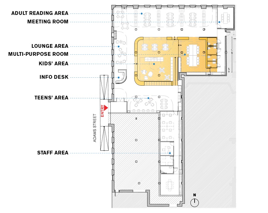 The new DUMBO branch will have separate sections for children, teens and adults, along with a meeting room and multipurpose space. Floor plan courtesy of Brooklyn Public Library
