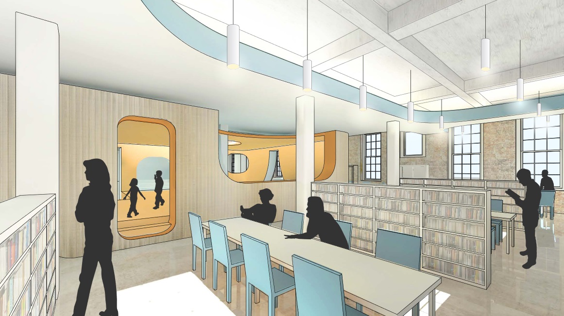 This rendering shows the adult reading area of the planned Adams Street Library in DUMBO. Rendering courtesy of Brooklyn Public Library