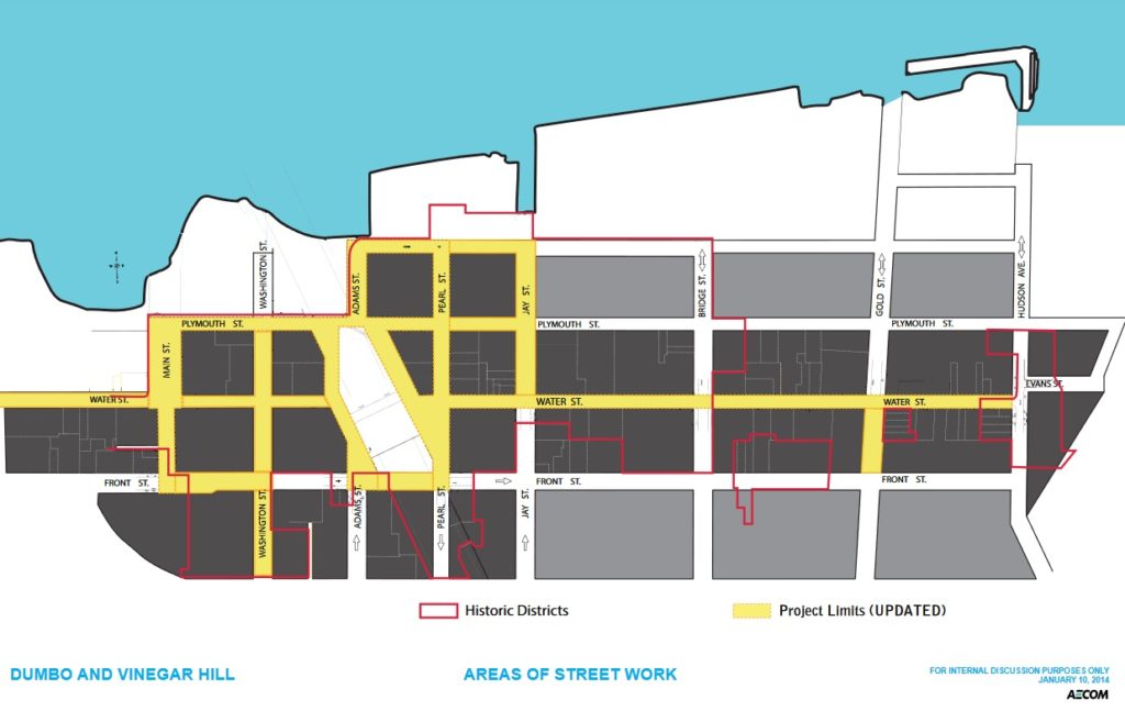 The streets marked in yellow show the areas slated for the second phase of the DUMBO/Vinegar Hill Street and Plaza Reconstruction project. Map courtesy of DOT
