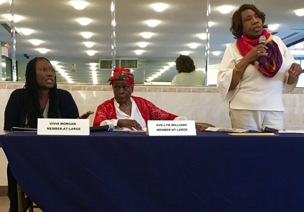 From left, CB9 Executive Committee members Vivia Morgan, Eve-lyn Williams and Chairperson Patricia Baker during a heated moment at a community board meeting on Tuesday night. Eagle photo by Lore Croghan
