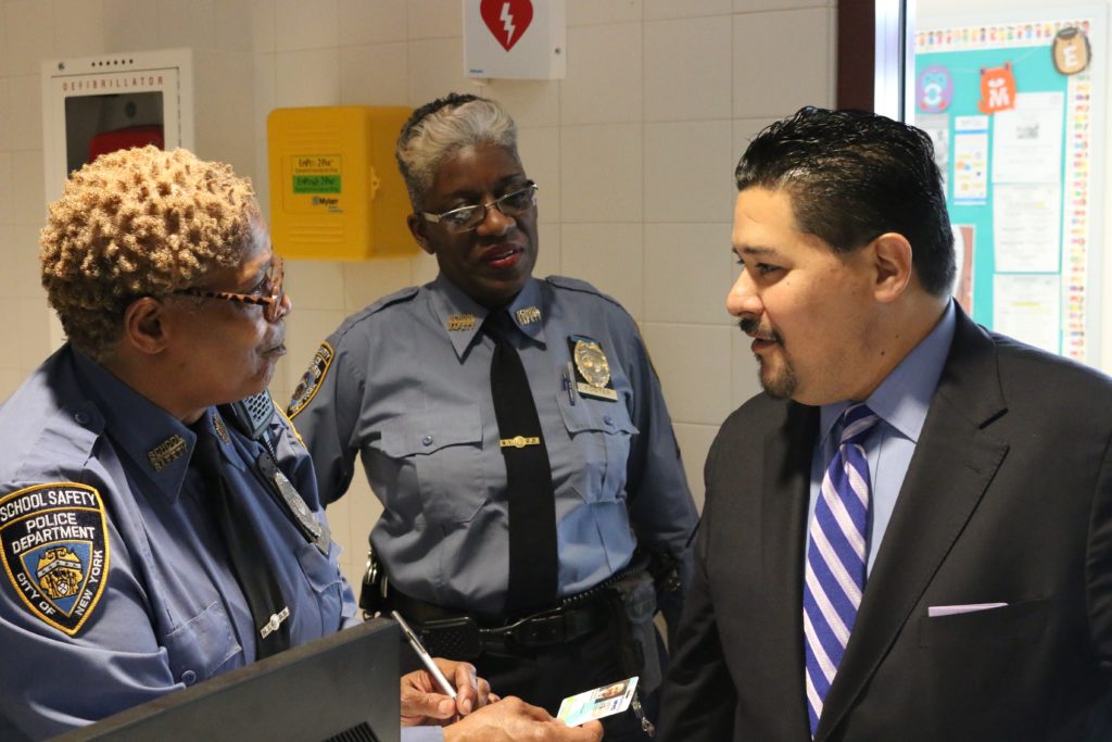 Schools Chancellor Richard Carranza chats with school safety agents on Staten Island. Photo by Alex Zimmerman/Chalkbeat