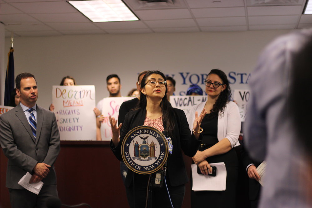 “Here we are to affirm today that sex work is work,” Queens State Sen. Jessica Ramos said during a press conference unveiling the bill. Eagle photo by Victoria Merlino