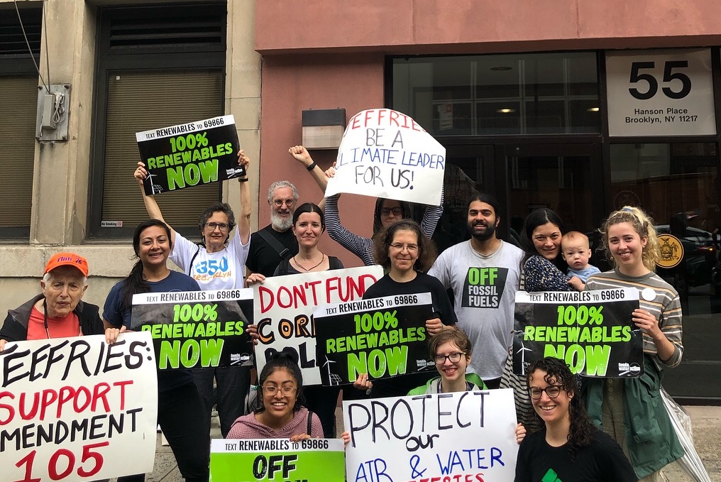 Environmental activists rallied outside the office of Representative Hakeem Jeffries in Fort Greene on Tuesday, pushing him to support a clean air amendment to an energy bill. Photo courtesy of Laura Shindell at Food & Water Watch