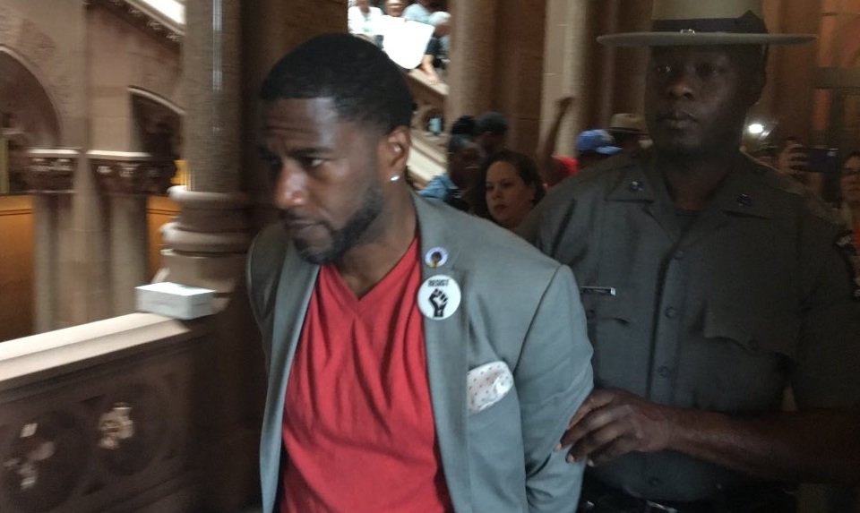NYC Public Advocate Jumaane Williams tweeted this photo of himself being arrested outside Gov. Andrew Cuomo’s office on Tuesday during a protest demanding the passage of a package of rent reforms. Photo courtesy of the Office of Jumaane Williams