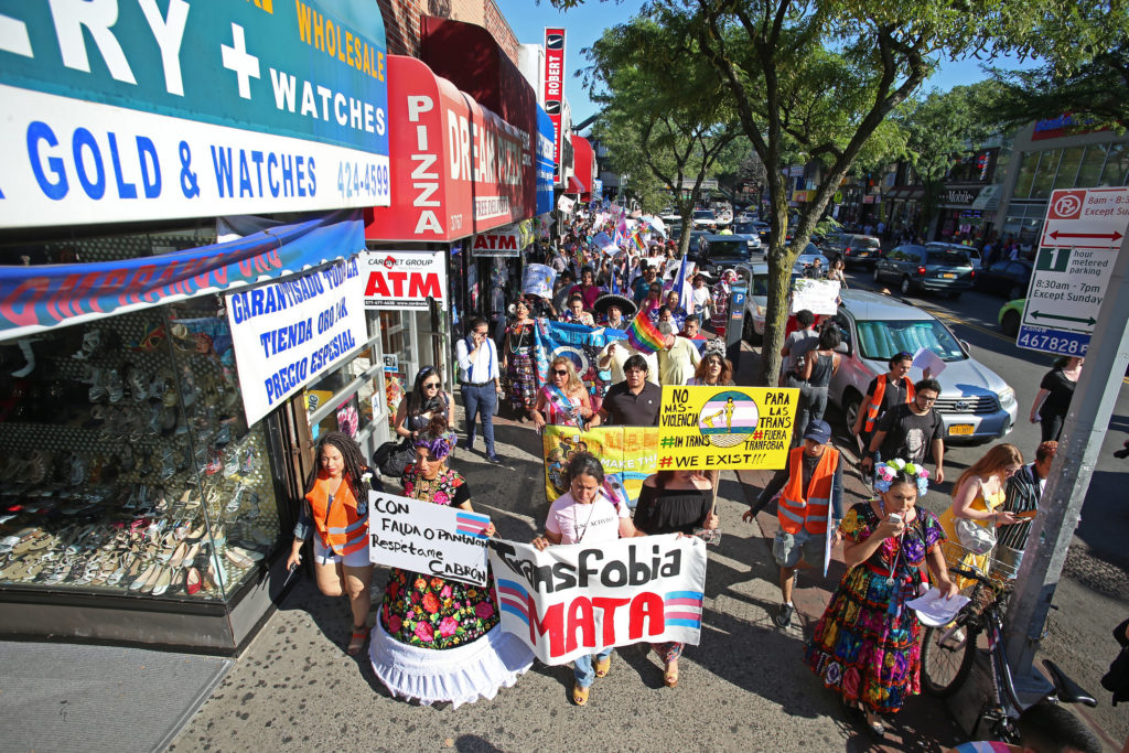 Trans women and others demonstrate at a march in Jackson Heights in July 2018. Eagle photo by Andy Katz