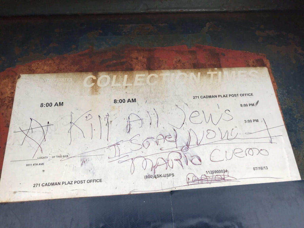 The vandal left this message on the mailbox on Fourth Avenue and 95th Street. Photo courtesy of Assemblymember Nicole Malliotakis