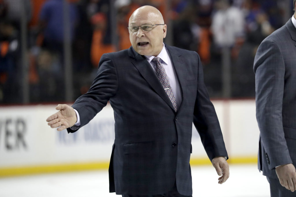 Fresh off being named the NHL’s Coach of the Year, Islanders head coach Barry Trotz was pleased with the team’s first-round selection of forward Simon Holmstrom during last Friday night’s NHL Draft in Vancouver. (AP Photo/Julio Cortez)