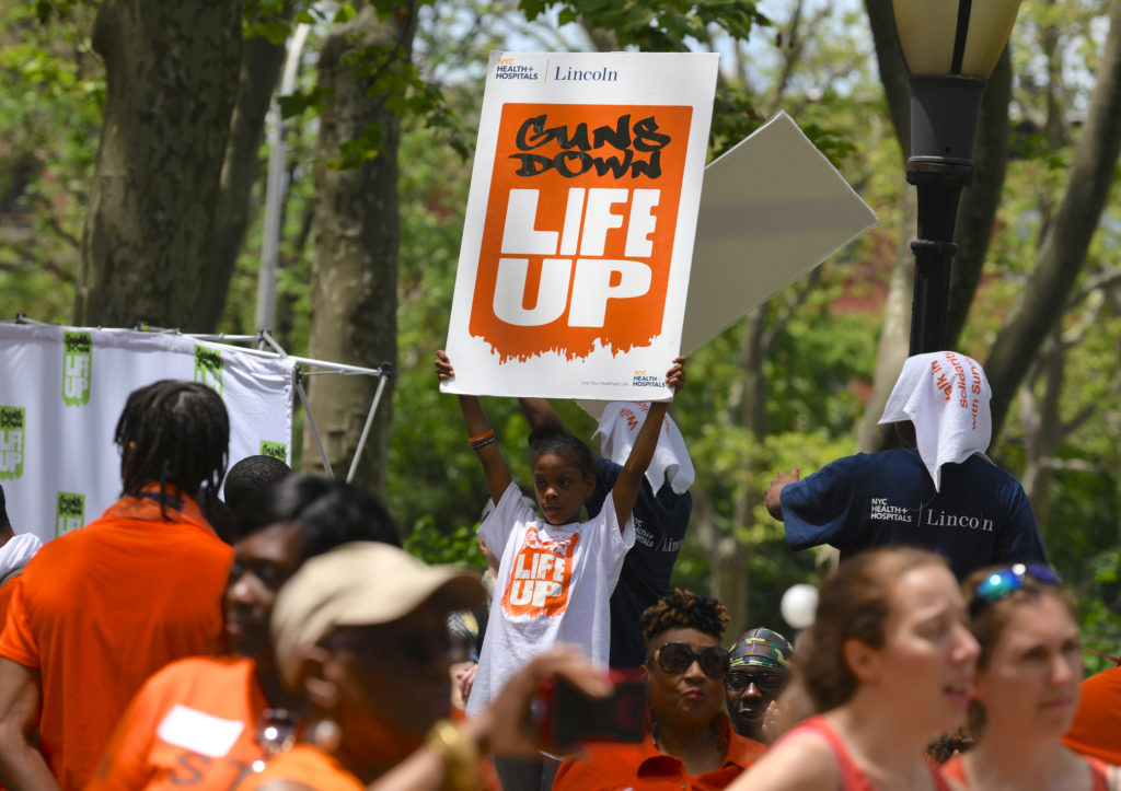 The Seventh Annual Brooklyn Bridge March for Gun Sense brought together dozens of groups from around the city for a march that started in Cadman Plaza, walked across the Brooklyn Bridge and ended in Foley Square. Eagle photo by Todd Maisel
