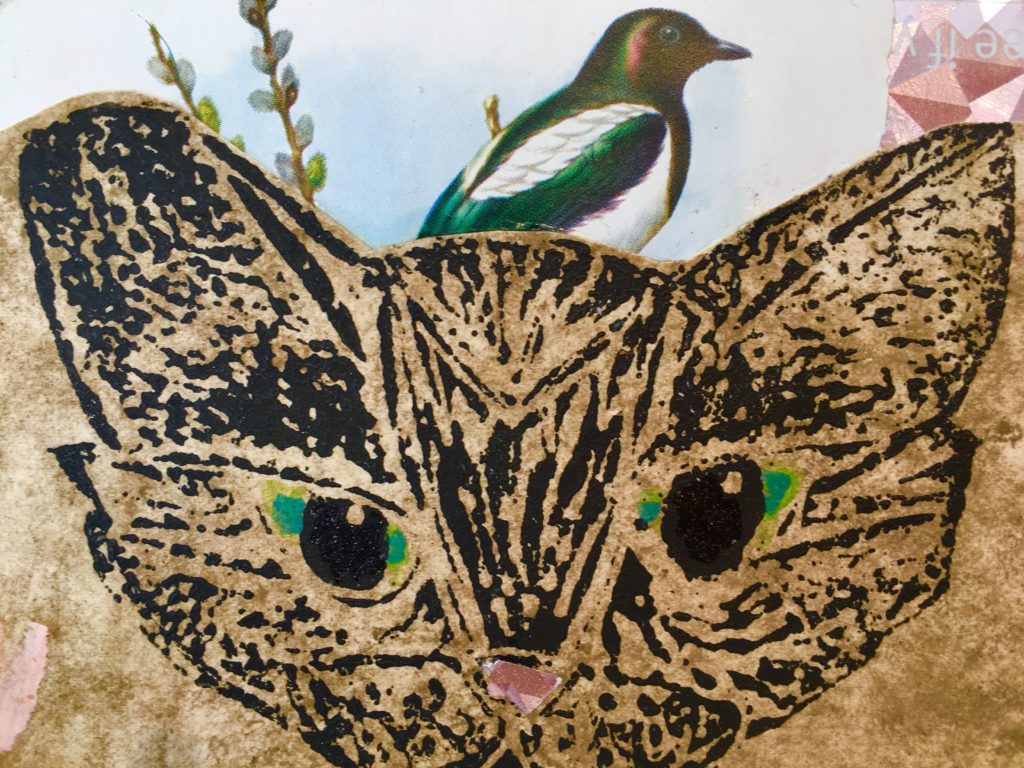 This is a detail from “Bird Brain” by Jeanne Tremel, which is included in Ground Floor Gallery’s “Priority Mail: Our 2019 Mail Art Biennial.” Eagle photo by Lore Croghan