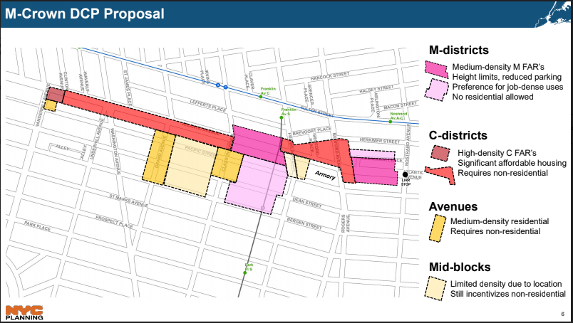 This map shows the Department of City Planning’s framework for rezoning the M-Crown area. Image via the Department of City Planning