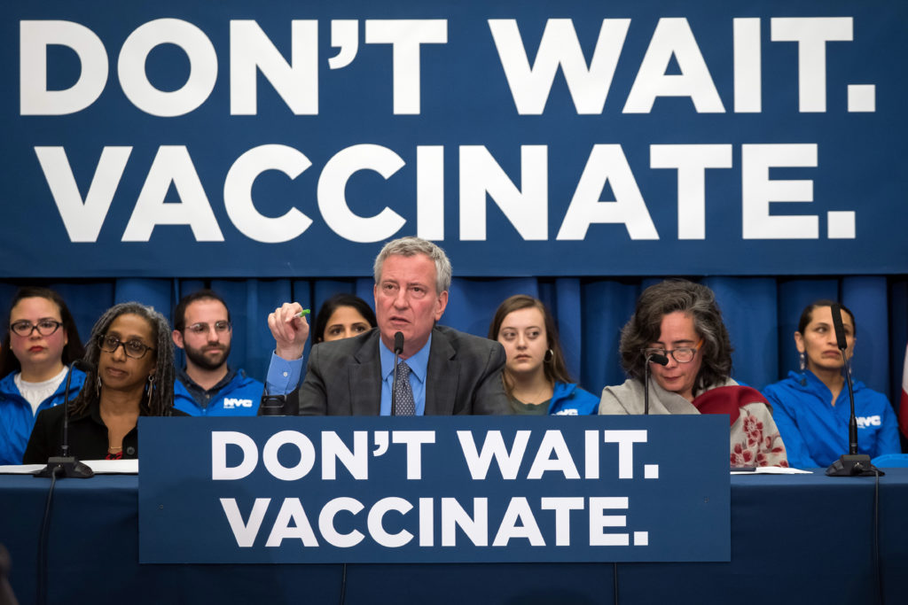 Mayor Bill de Blasio declared a public health emergency on April 9 requiring mandatory measles-mumps-rubella vaccinations for residents who live in certain northern Brooklyn ZIP codes. Photo via Mayoral Photography Office