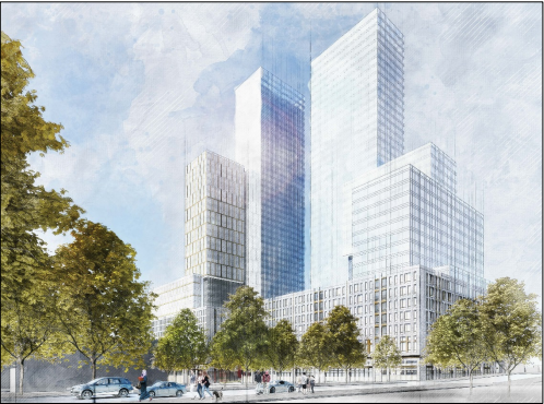 Here’s a look at the high-rise towers proposed for the Spice Factory site. Rendering via the City Planning Department
