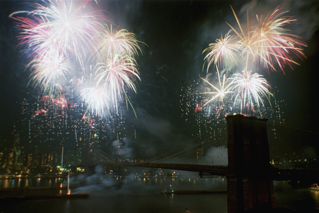 Fireworks above the Brooklyn Bridge in 1983. AP Photo/Richard Drew