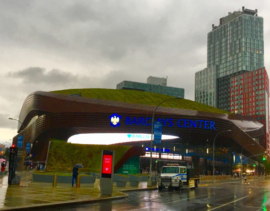 An advisory group postponed a vote about two proposed modifications to the development plan for Atlantic Yards/Pacific Park, seen here with its Barclays Center Arena front and center. Eagle photo by Lore Croghan