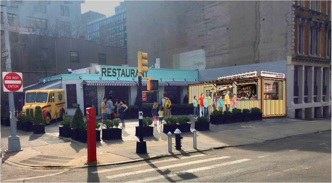 Here’s what Brooklyn Ice Cream Factory’s stand will look like. Rendering by Edward M. Weinstein Architecture + Planning via the Landmarks Preservation Commission