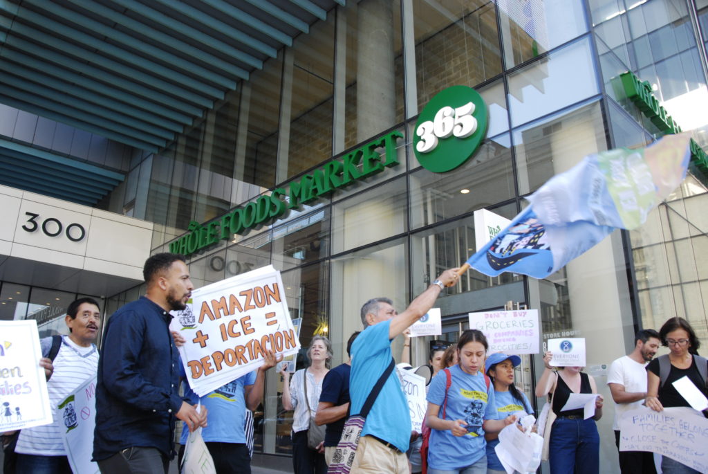 Protesters stood outside the Downtown Brooklyn Whole Foods, dissuading would-be customers from going inside. Eagle photo by Jeffery Harrell