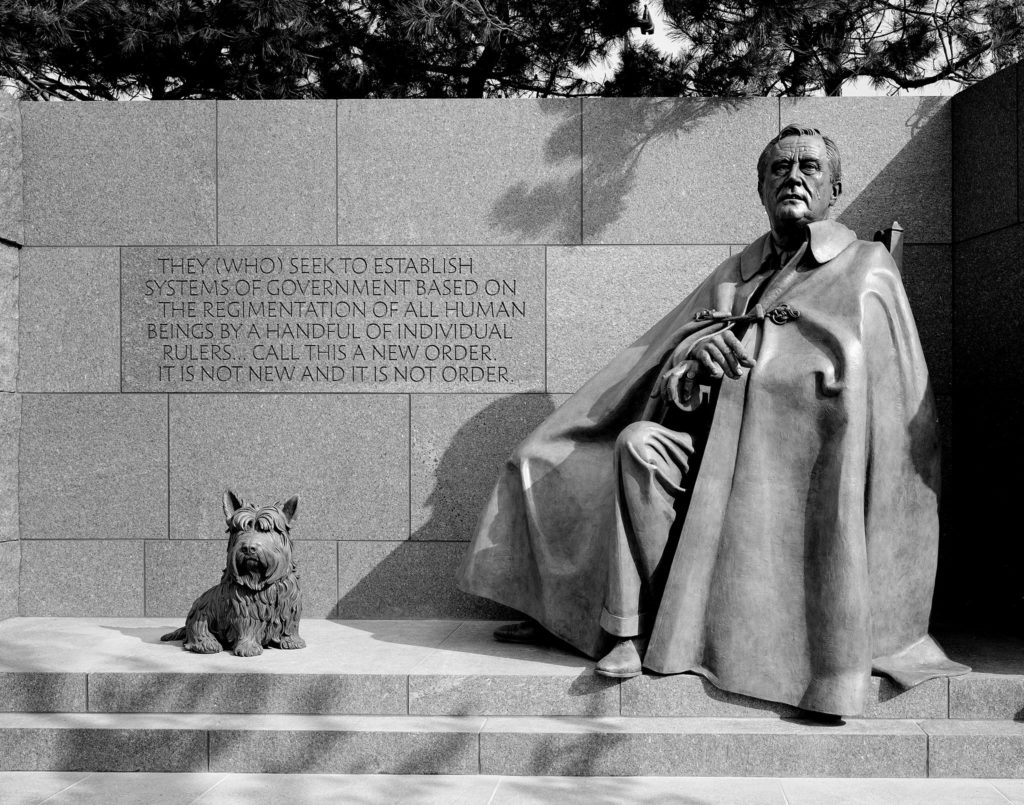 Neil Estern’s massive sculpture of Franklin Delano Roosevelt, in his wheelchair, and his dog Fala in Room Three of the Franklin Delano Roosevelt Memorial, Washington, D.C. Photo by Carol Highsmith, via Library of Congress