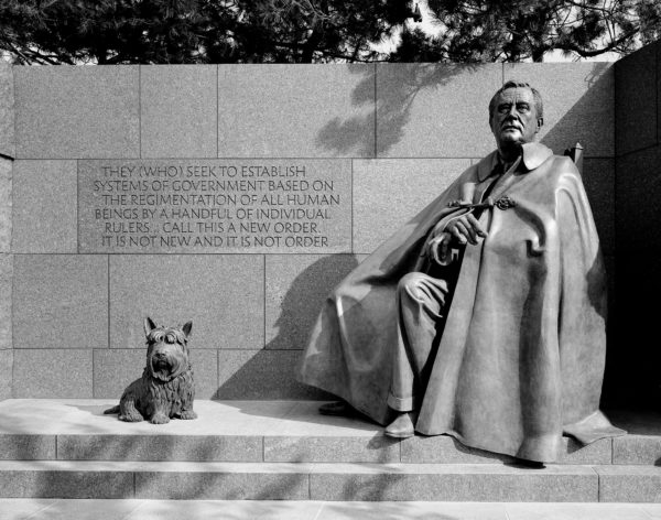 Neil Estern’s massive sculpture of Franklin Delano Roosevelt, in his wheelchair, and his dog Fala in Room Three of the Franklin Delano Roosevelt Memorial, Washington, D.C. Photo by Carol Highsmith, via Library of Congress