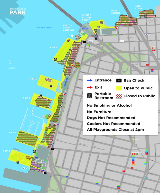 Half a million spectators or more are expected to crowd onto the Brooklyn Heights Promenade and into Brooklyn Bridge Park for the 2019 Macy’s Fourth of July fireworks this year. Above: Viewing areas in Brooklyn Bridge Park. Map courtesy of Brooklyn Bridge Park.