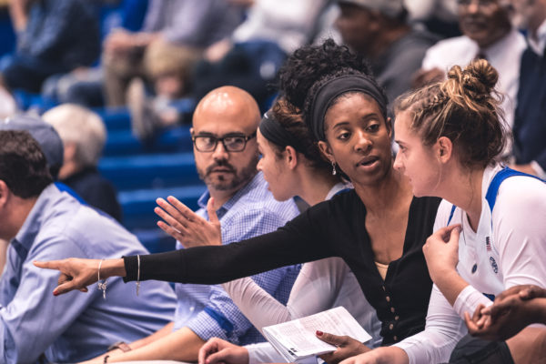LIU women’s head basketball coach Rene Haynes (second from right) introduced her new staff of assistants last Friday in Downtown Brooklyn. Photo courtesy of LIU Athletics