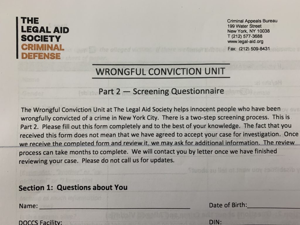 A copy of the questionnaire the Legal Aid Society sends out to prisons. Courtesy of the Legal Aid Society