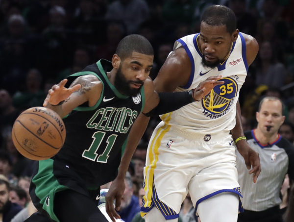 Both Kyrie Irving and Kevin Durant will be donning Brooklyn’s black-and-white jerseys this coming season after the Nets landed both in a free-agent windfall for the ages last week. (AP Photo/Elise Amendola)