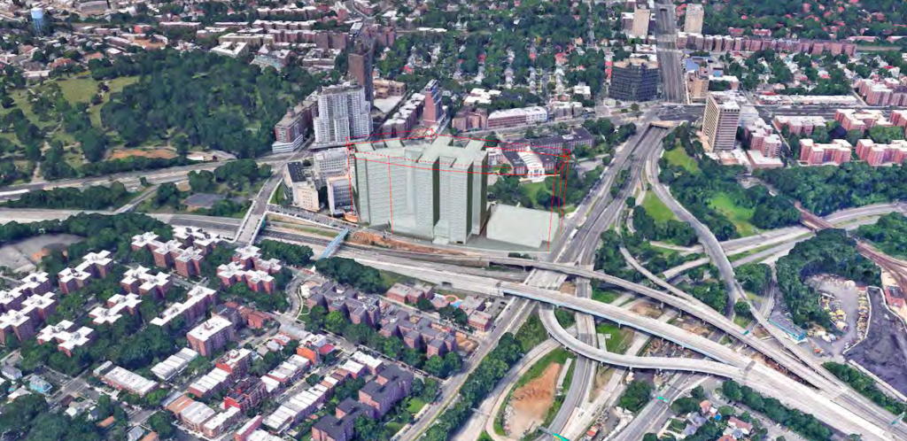 An aerial rendering of the originally proposed Queens facility. Courtesy of MOCJ.