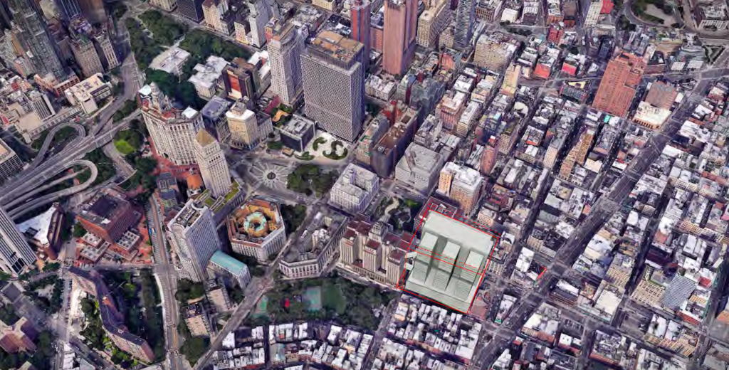 An aerial rendering of the originally proposed Manhattan facility. Courtesy of MOCJ