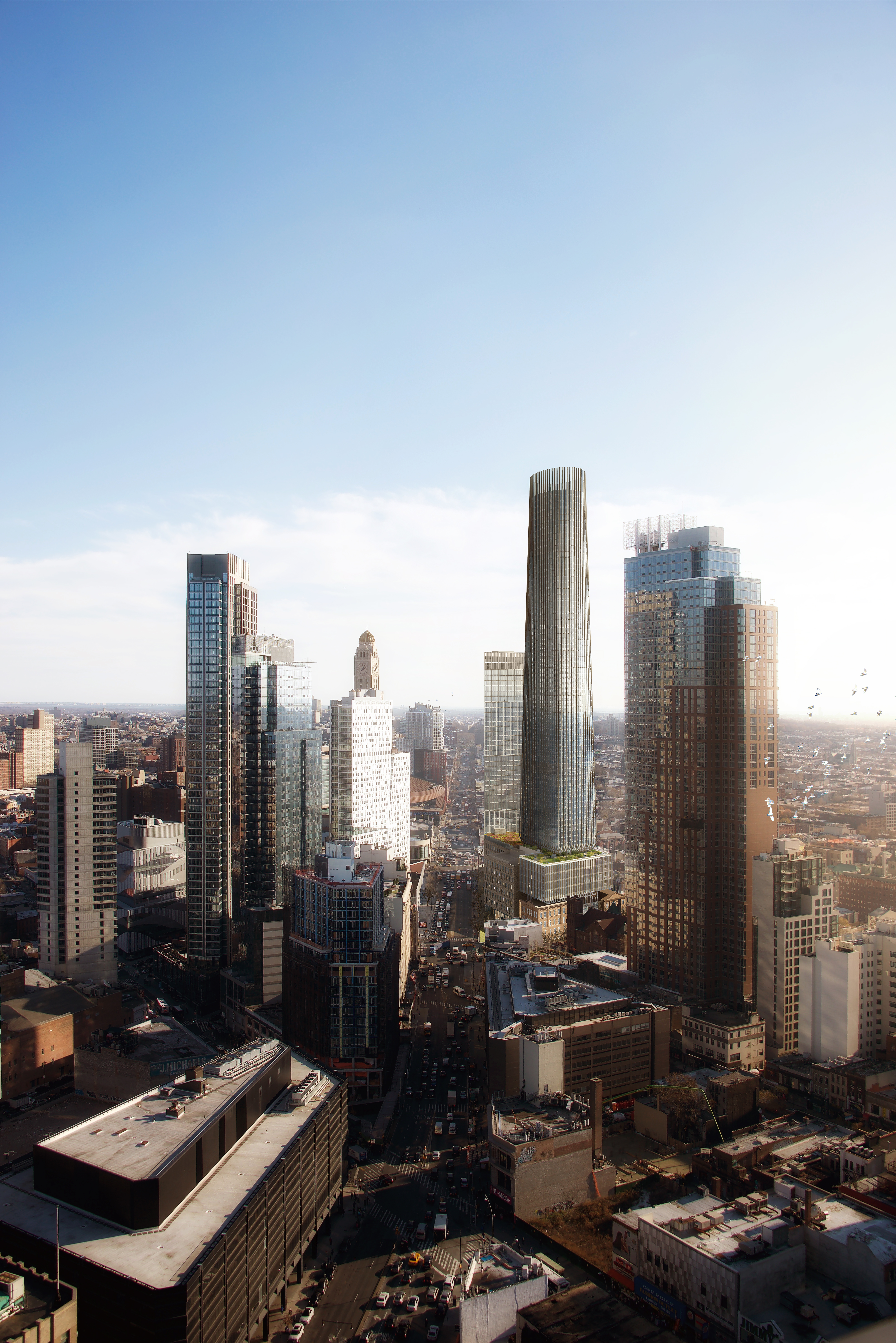 The City Council approved upzoning for 80 Flatbush Ave. last year. It’s the skyscraper across from the Williamsburgh Savings Bank. Rendering by Alloy Development/Luxigon