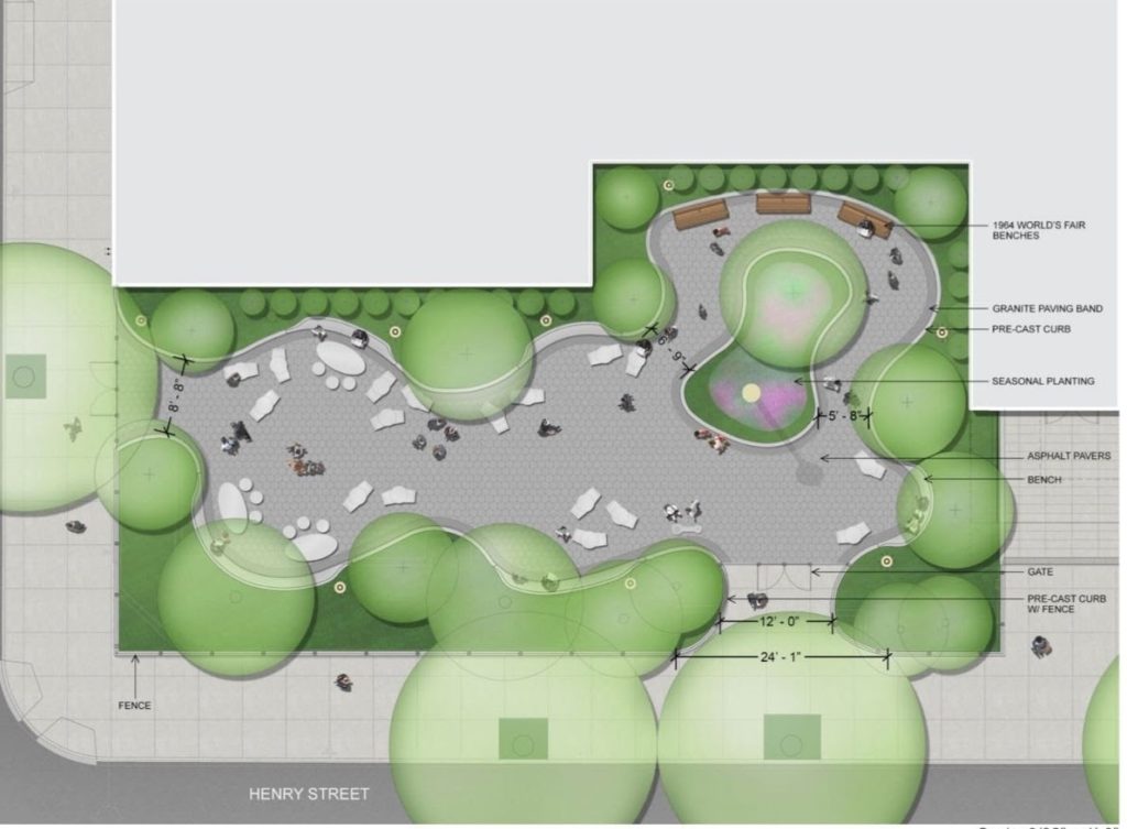 The new design for Henry Street III -The Sitting Park at the corner of Henry and Pacific streets on the former Long Island College Hospital (LICH) campus, is based on curves. Plan courtesy of MPFP Landscape Architecture