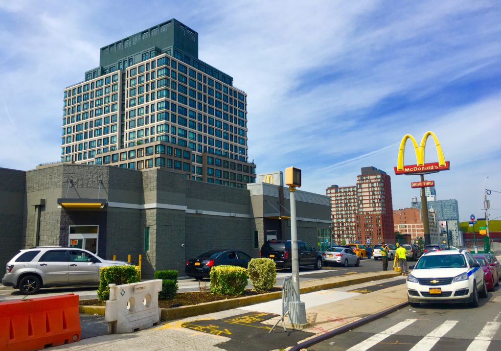 Development is planned for the McDonald’s site across the street from Atlantic Yards/Pacific Park, whose towers are visible at left and in the background of this picture. Eagle photo by Lore Croghan