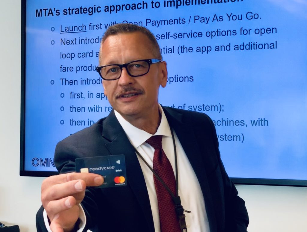 Al Putre, MTA’s executive director of the OMNY contactless fare program, explained how it will work at a press conference on Wednesday. Eagle photo by Mary Frost