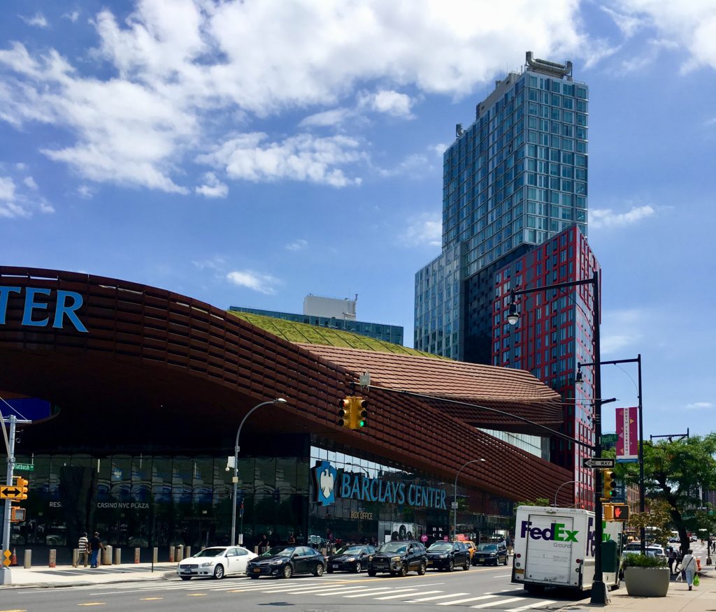 Here’s a glimpse of Barclays Center with some of the Atlantic Yards/Pacific Park apartment towers in the background. Eagle photo by Lore Croghan