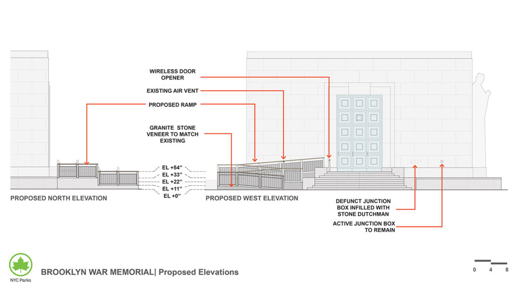 This schematic shows the location of an ADA accessible ramp to be built on the west side of the Brooklyn War Memorial. Work is scheduled to start in November. Schematic courtesy of the NYC Department of Parks