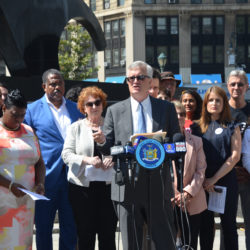 New York State’s “red flag” gun bill goes into effect on Saturday. Shown at Thursday’s press conference: NY State Senator Brian Kavanagh at podium. Left of Kavanagh is state Assemblymember Jo Anne Simon. To the right and behind Kavanagh is Sen. Brad Hoylman. Photo courtesy of the Office NY State Senator Brian Kavanagh