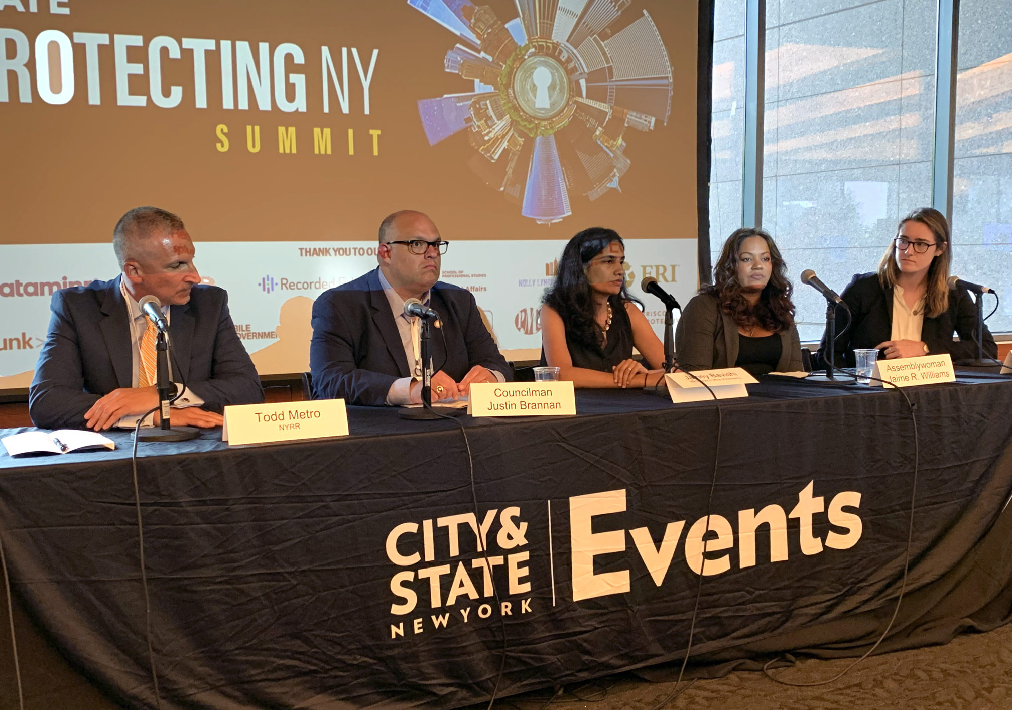 The Disaster Management and Prevention panel at Wednesday’s Protecting NY Summit. Members included (from left) Todd Metro, Councilmember Justin Brannan, Jainey Bavishi, Assemblymember Jaime Williams and moderator Annie McDonough. Eagle photo by Mary Frost