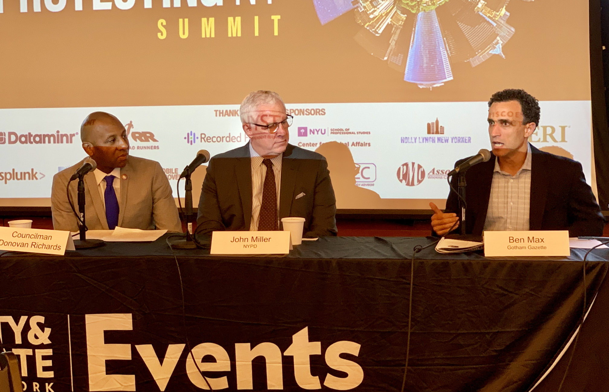 From left: Councilmember Donovan Richards, NYPD’s John Miller and Gothamist’s Ben Max at the Protecting NY Summit. Eagle photo by Mary Frost