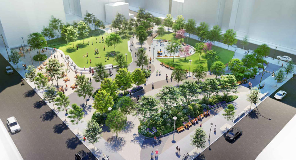 A new design for the long-delayed Willoughby Square Park in Downtown Brooklyn was approved by CB2 on Monday. This rendering shows the park from the North East corner. Rendering courtesy of NYCEDC and Hargreaves Jones