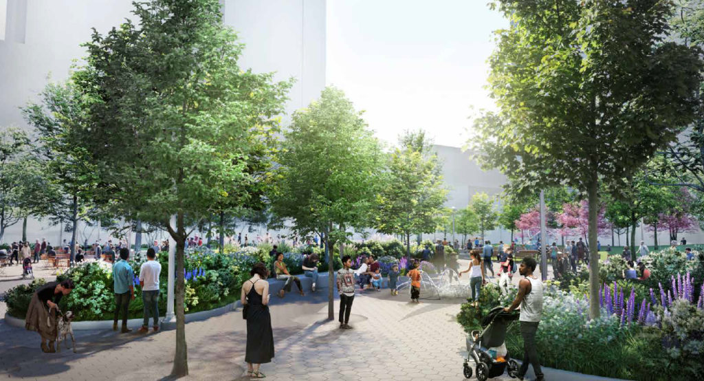 The proposed Willoughby Square Park from the North West corner. Rendering courtesy of NYCEDC and Hargreaves Jones