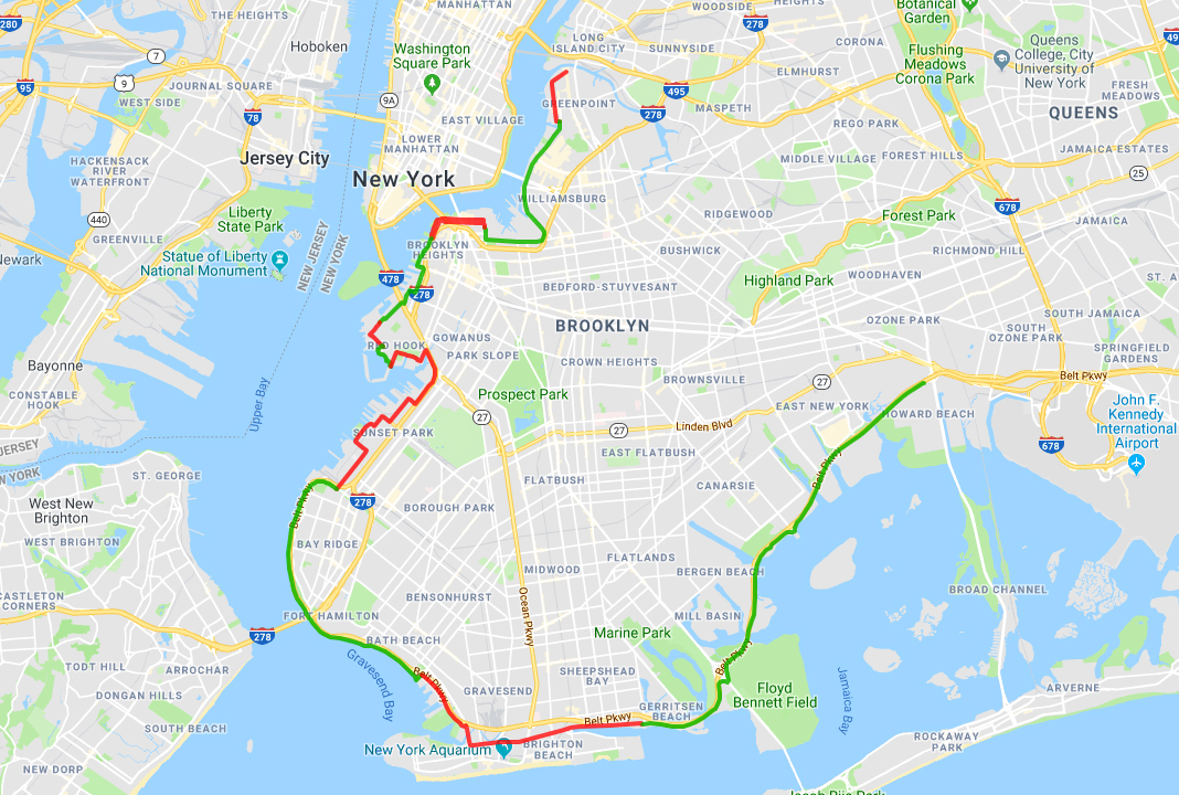 The red sections of the Greenway have yet to be built. Map courtesy of Brooklyn Greenway Initiative