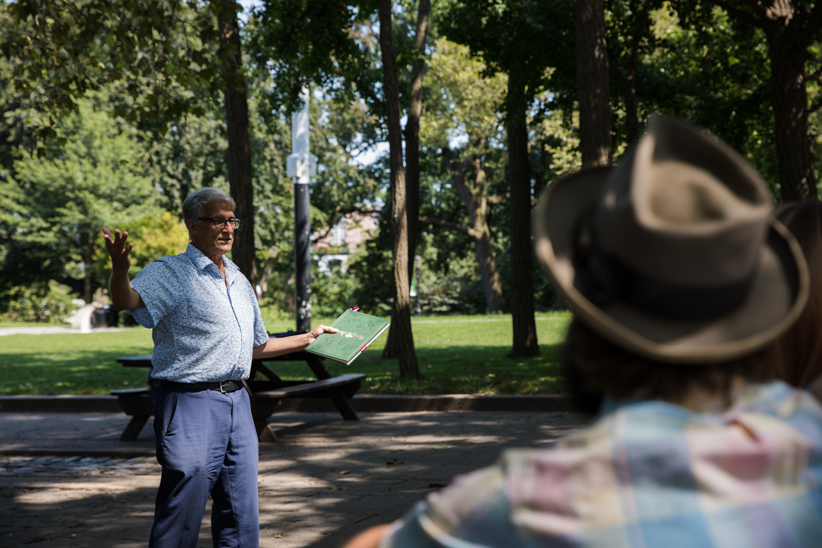 Up in Fort Greene Park, the Walt Whitman Project’s Greg Trupiano talks about the Revolutionary War. Eagle photo by Paul Frangipane