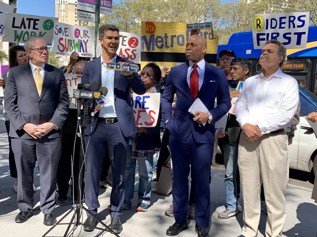 From left: NYC Comptroller Scott Stringer, Councilmember Ydanis Rodríguez, Brooklyn BP Eric Adams and Assemblymember Felix Ortiz at Thursday’s rally protesting planned cuts to bus service. The rally was sponsored by Riders Alliance. Eagle photo by Mary Frost