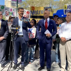 From left: NYC Comptroller Scott Stringer, Councilmember Ydanis Rodríguez, Brooklyn BP Eric Adams and Assemblymember Felix Ortiz at Thursday’s rally protesting planned cuts to bus service. The rally was sponsored by Riders Alliance. Eagle photo by Mary Frost