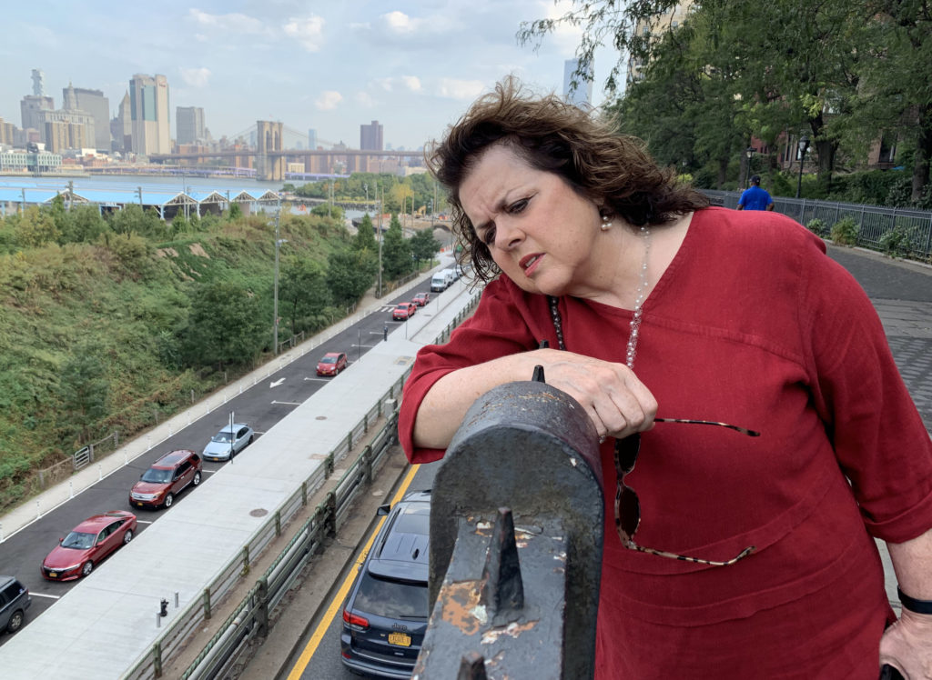 Global health expert Laurie Garrett says scientists need to conduct an air pollution study before the city decides on a plan to rebuild the BQE. Shown: Garrett on the Brooklyn Heights Promenade overlooking the BQE and Brooklyn Bridge Park. Eagle photo by Mary Frost
