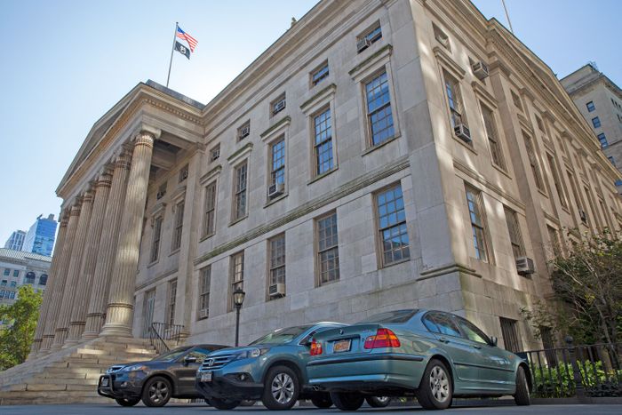 Several vehicles were parked in a public plaza outside Brooklyn Borough Hall, Sept. 19, 2019. Photo: Ben Fractenberg/THE CITY
