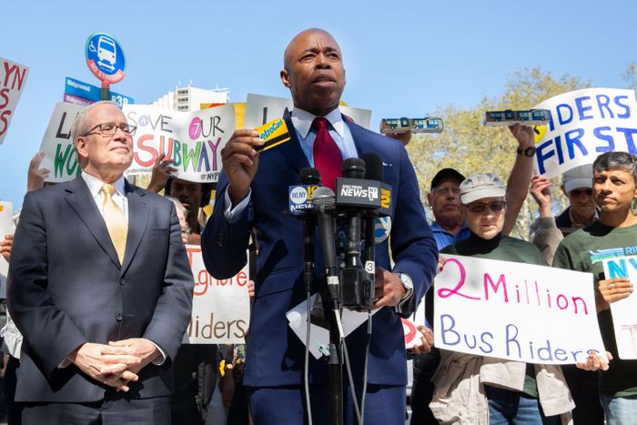 Brooklyn Borough President Eric Adams speaks at a press conference near his office about supporting public transportation, Sept. 19, 2019. Photo: Ben Fractenberg/THE CITY