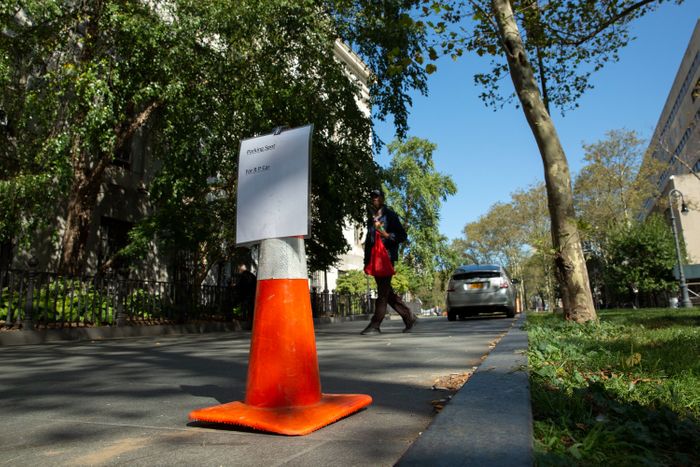 The sign on the cone in the public space outside Brooklyn Borough Hall reads: “Parking Spot for B P Car.” Photo: Ben Fractenberg